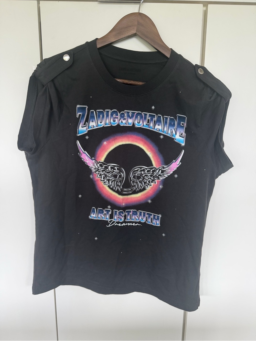 Zadig & Voltaire Black Graphic Tee with Rainbow Wing Motif